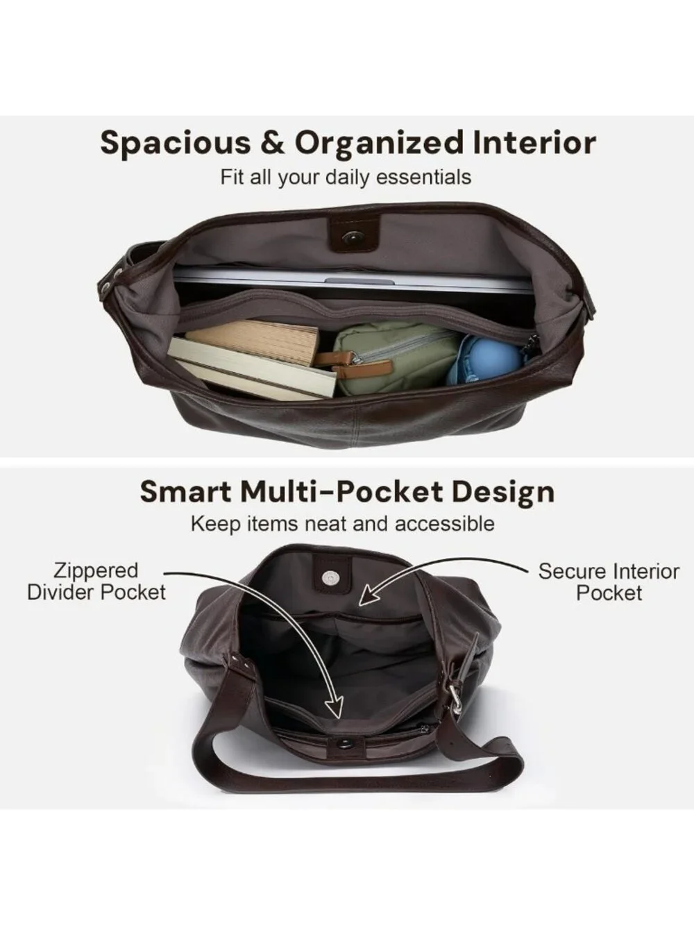 Soft Vegan Leather Slouchy Hobo Tote Bag for Women with Pouch & Adjustable Strap